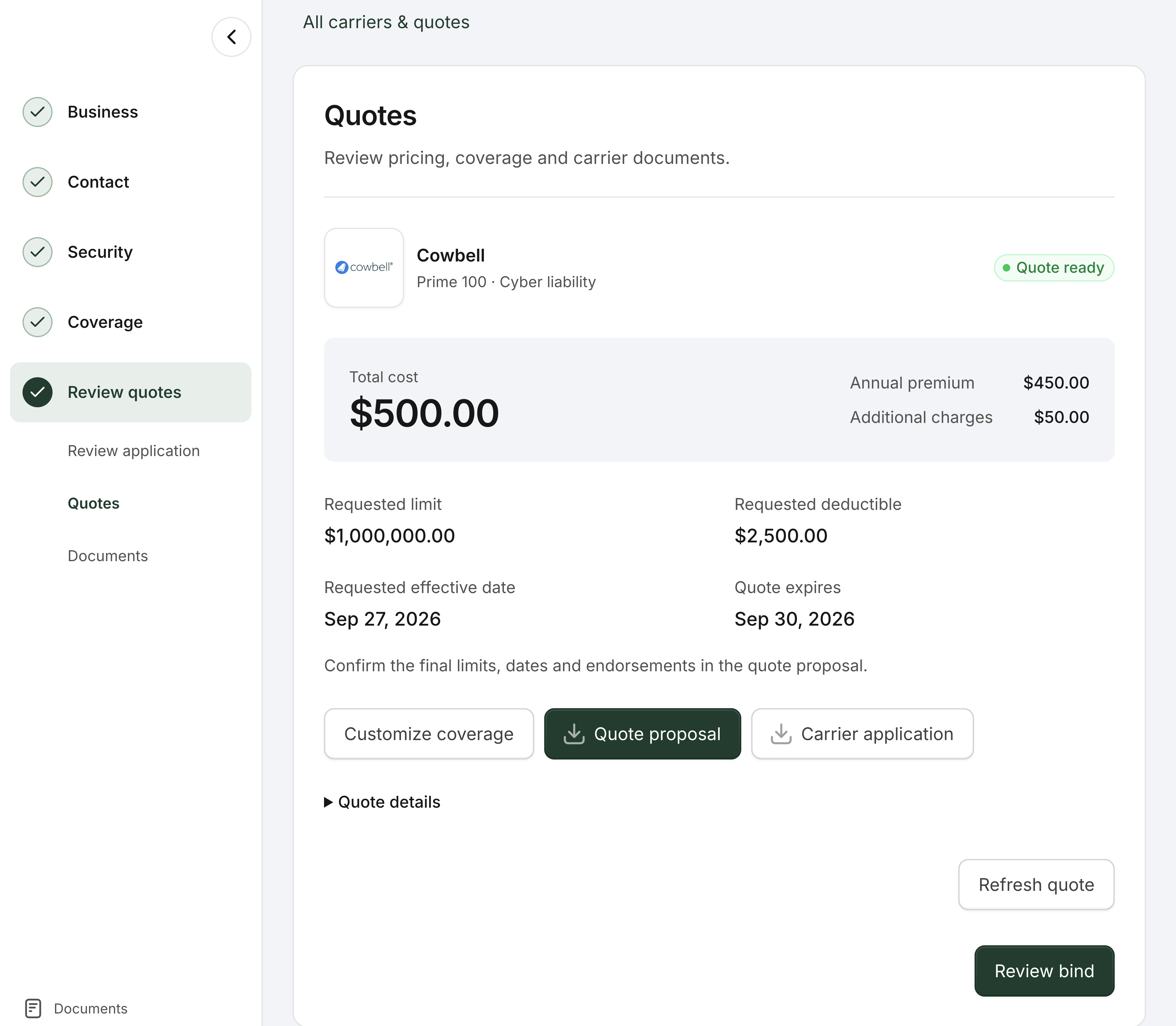 Hedge Connector quote review showing a quote, carrier documents, and a bind review control.